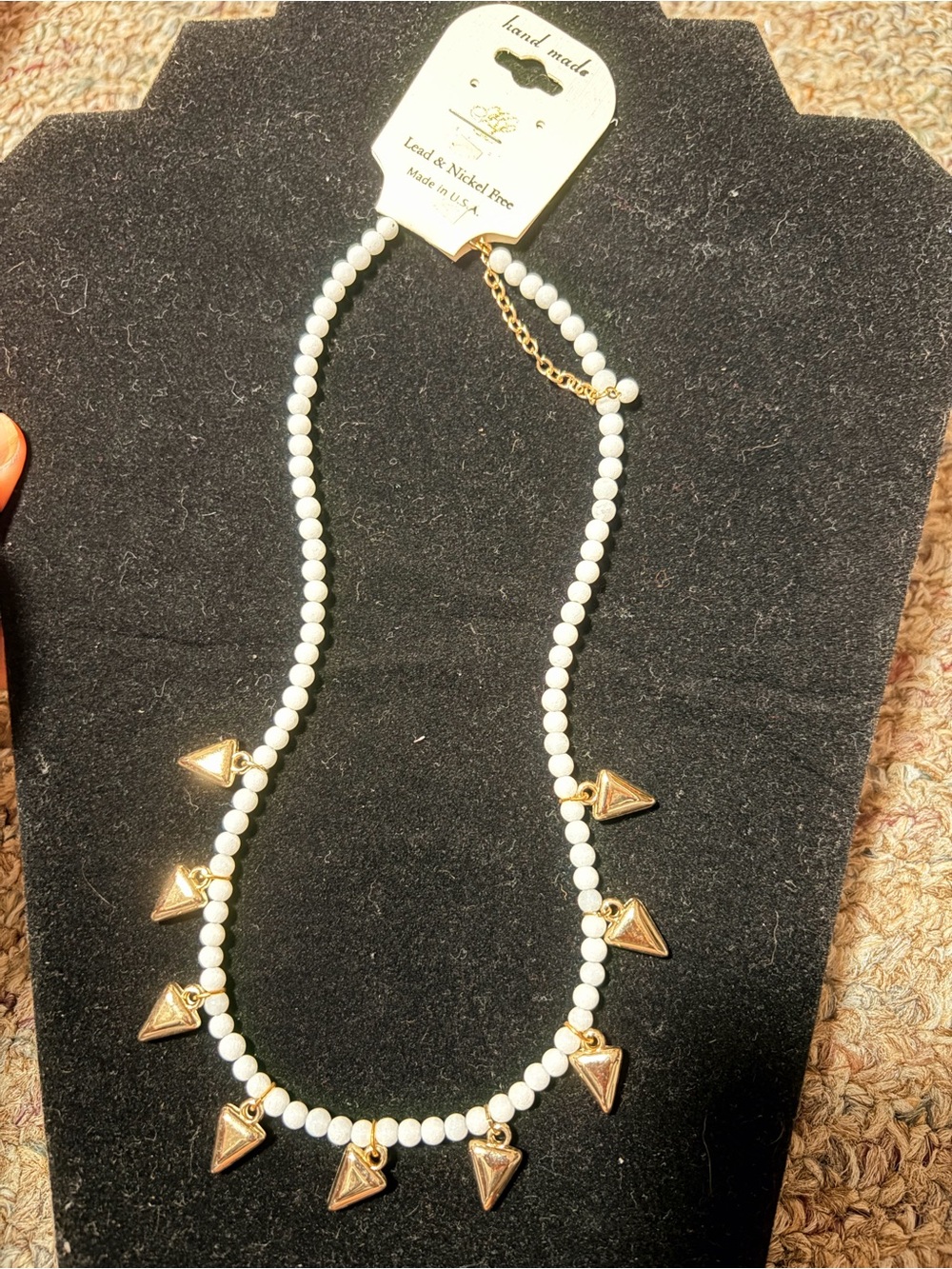 Handmade White Beaded Necklace with Gold Triangle Charms
